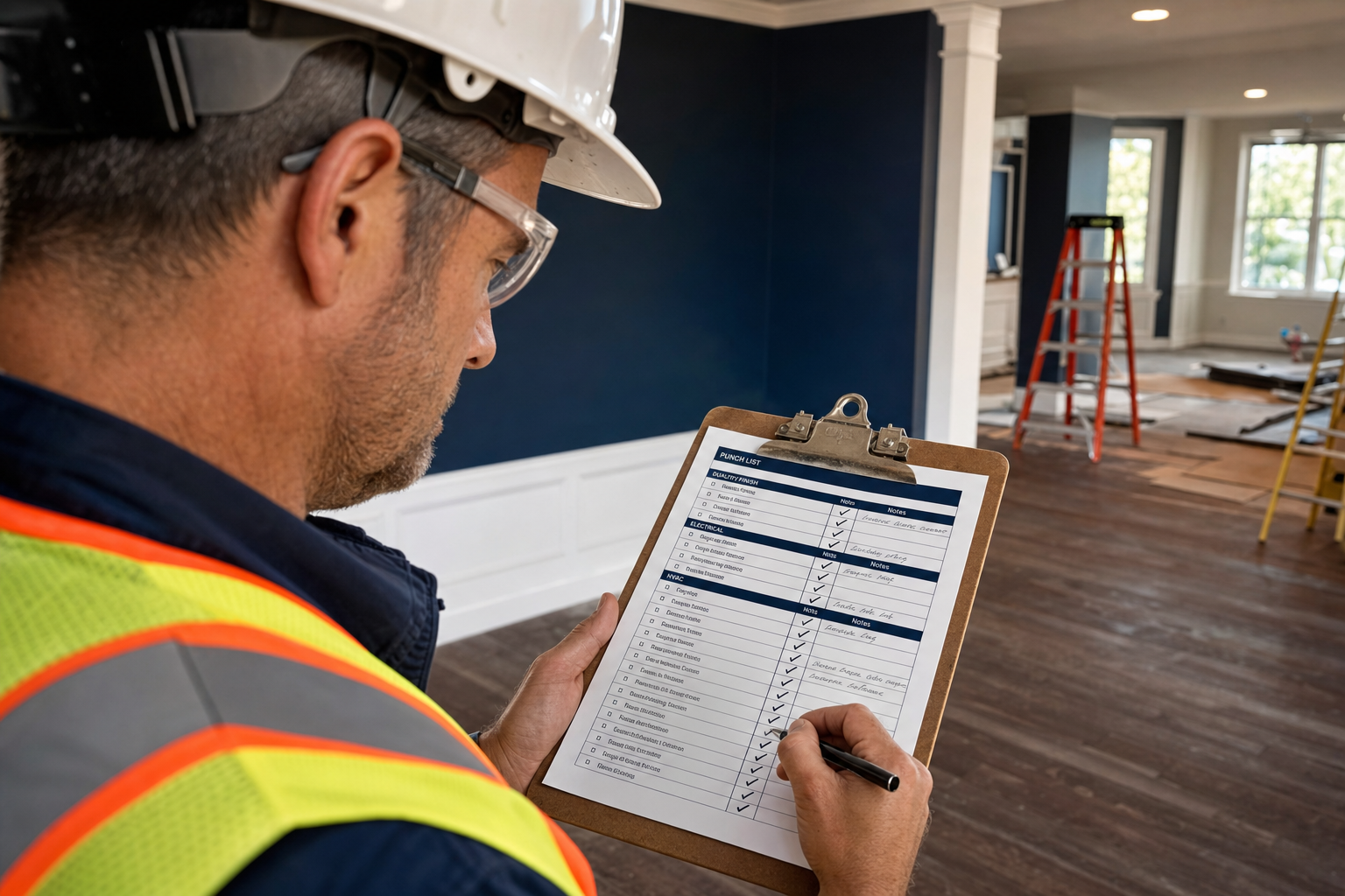 Construction punch list review on jobsite